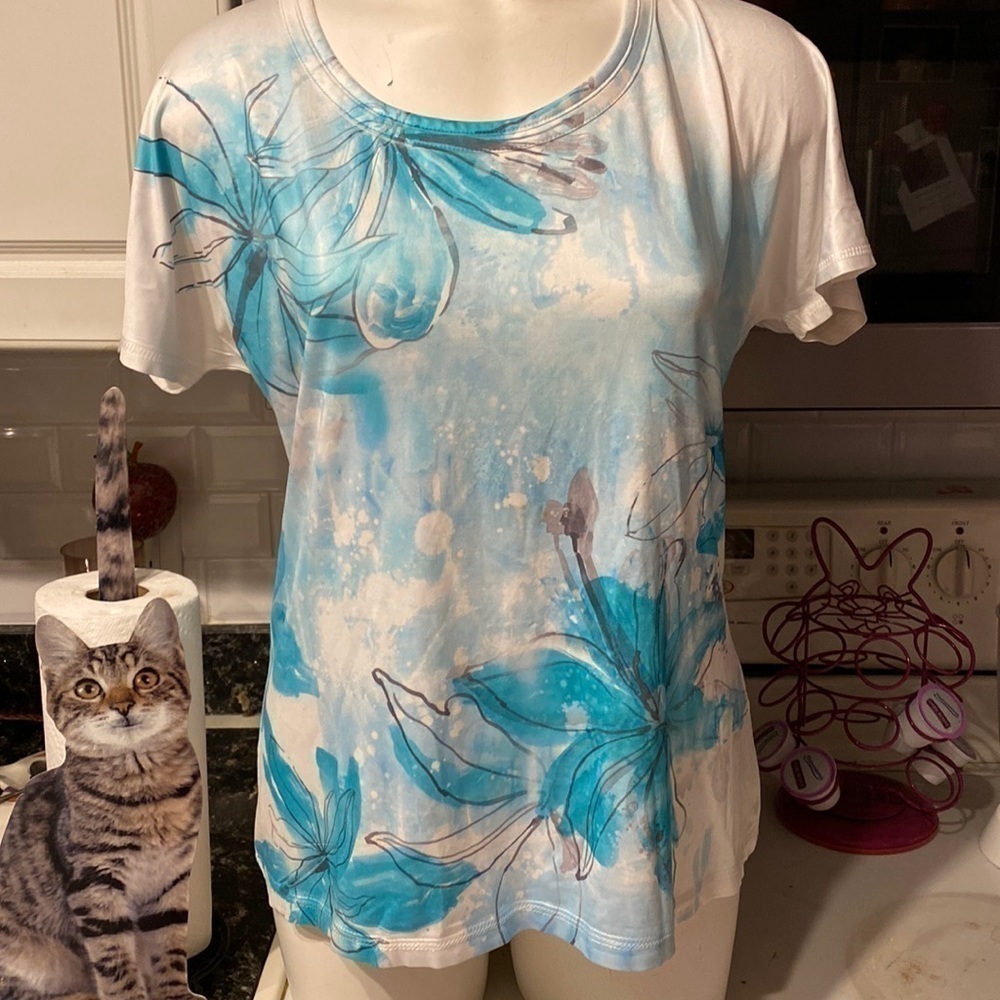 a womens Brisas blue floral stretch shirt sleeve regular size top L